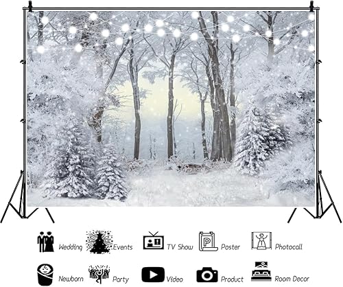 Miniatura 3 de CRTPOD Telón de fondo de escena de nieve de 5 x 3 pies para fotografía, bosque de pinos de invierno, fondo para vacaciones, Navidad, Año Nuevo,