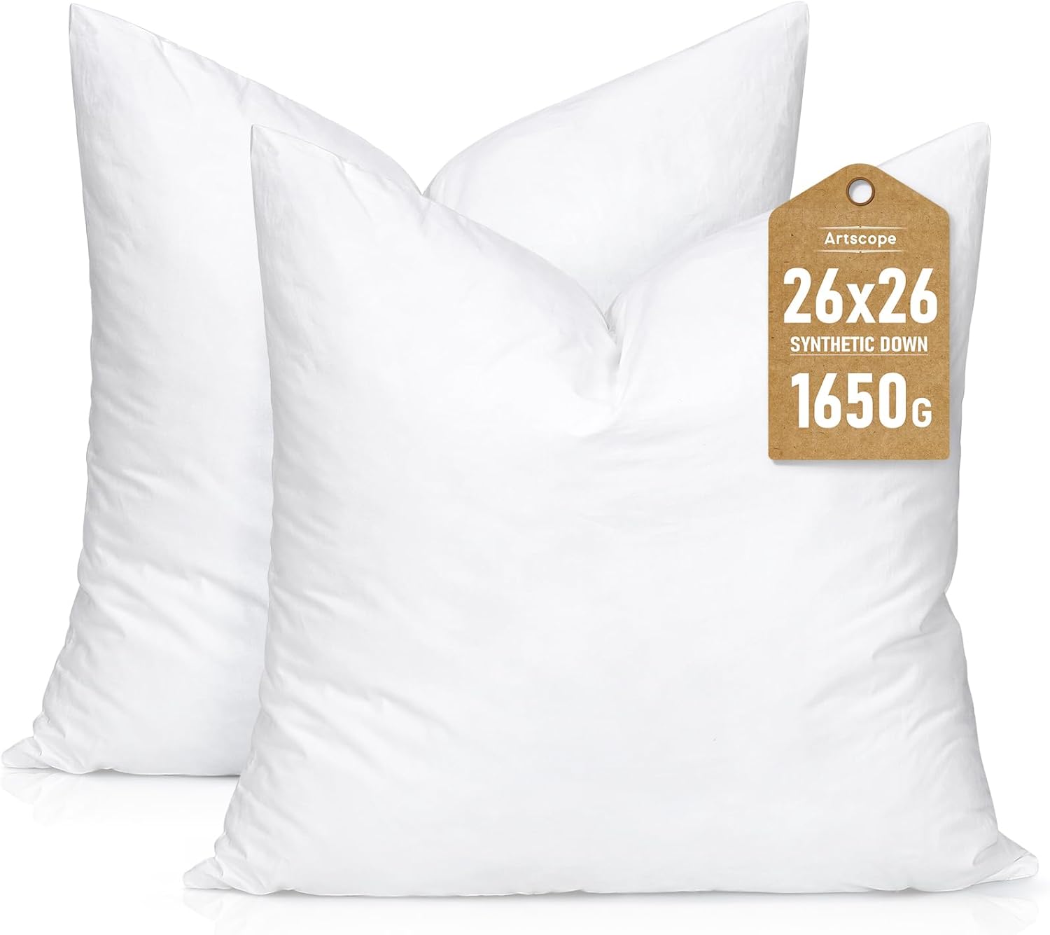 Artscope Synthetic Down Pillow Insert,26x26 Down Alternative Throw Pillow Insert. Ultra Soft Fluffy Sleeping Pillow with 100% Cotton Cover, Decorative Pillows Set of 2-White. White 26x26 Inch (Pack of 2)