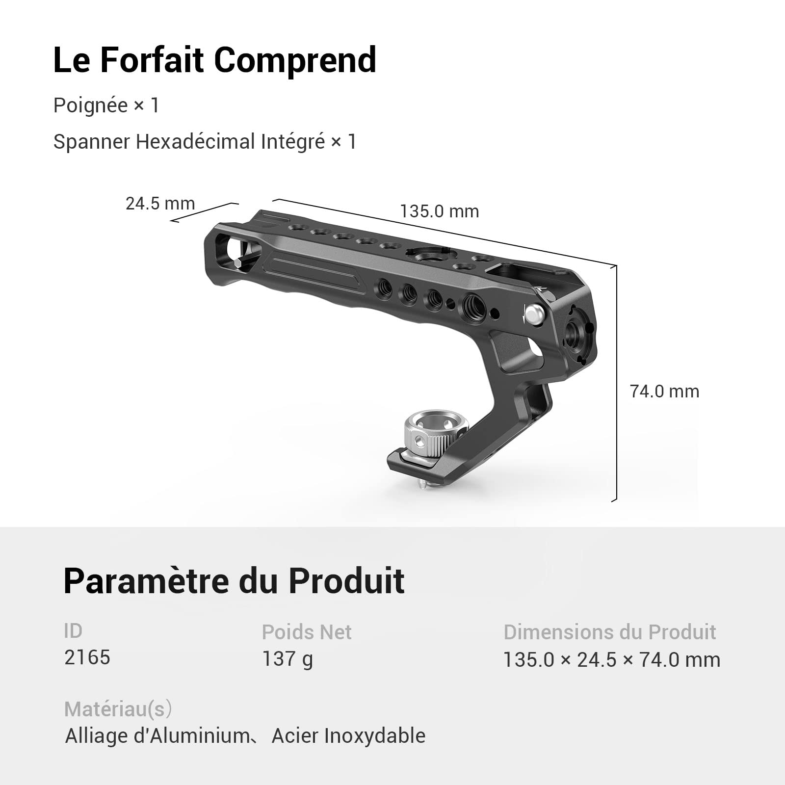 SMALLRIG Poignée avec Une Vis 3/8" et Deux Goupilles de Positionnement pour Arri Standard - 2165C