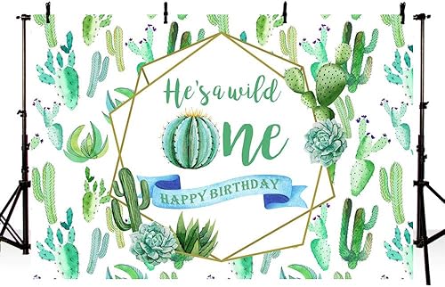 MEHOFOTO Fondo de fotografía de cactus para el primer cumpleaños de Wild One, fondo de fotografía verde y azul para fiesta de feliz cumpleaños,