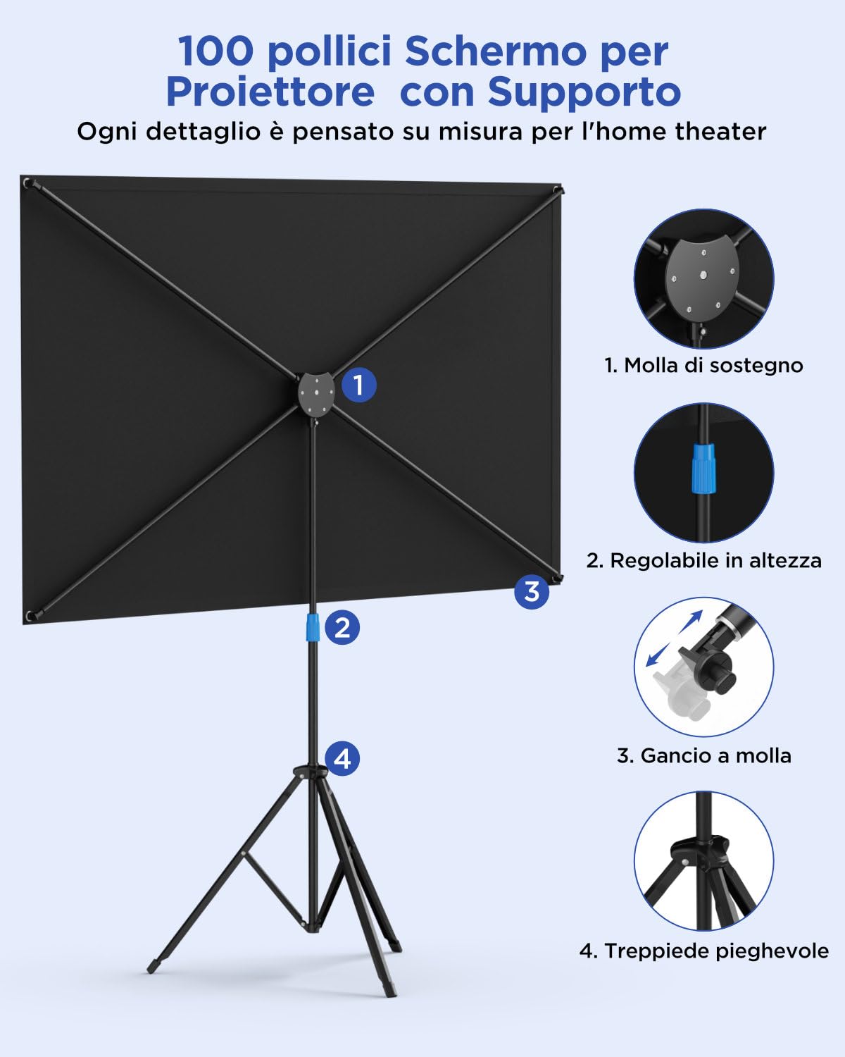 VISULAPEX 100"Schermo Proiettore, 16:9 4K Schermo per Proiettore con Supporto Portatile, Idea per Teatro Domestico, il Cinema All'aperto Feste in Giardino