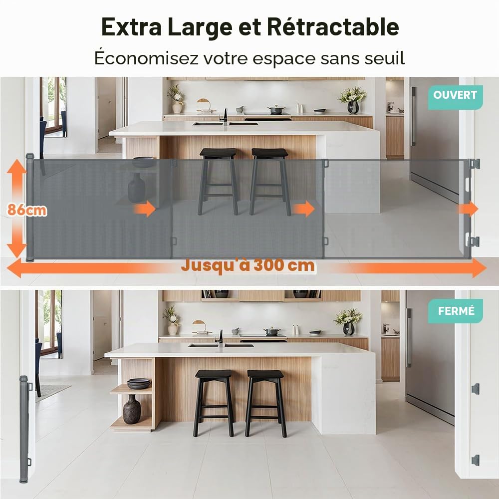 COMOMY 0 à 300cm Barriere de Securite Retractable, Barriere de Securite Enfant, Bébés,Chiens et Chats, Opération à Une Main, Gain de Place, Barrière Extensible pour Escalier/Portes/Extérieur, Gris