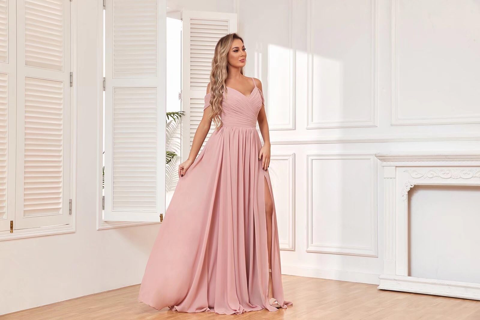 BOLENSYE Vestidos de dama de honor con hombros descubiertos y bolsillos, de gasa fruncida, abertura larga, vestido de noche formal