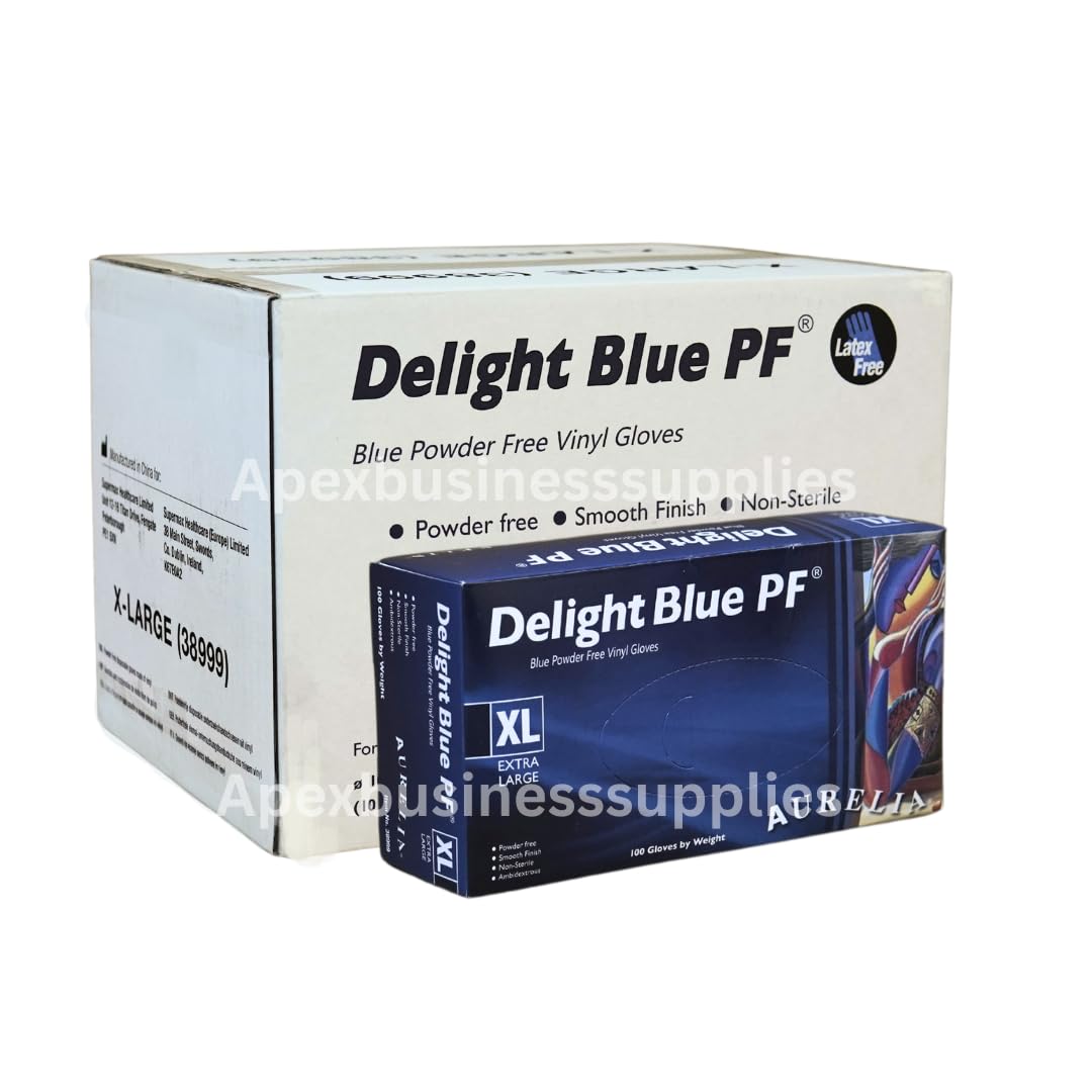 Apex Business Supplies X/Large 1000 Vinyl Blue Gloves Delight PF Disposable Gloves | Powder Free and Non-Sterile Multipurpose Strong Disposable Gloves | Medical & Food Grade Gloves 10 Boxes