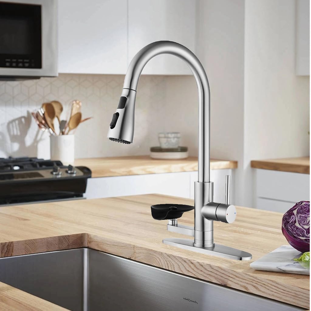 Kitchen Faucet with Glass Rinser, Pull Down Sink Faucet with 3 Spray Modes and High Pressure Glass Rinser, Temperature Display High Arc Stainless Steel Kitchen Faucets (Brushed Nickel)