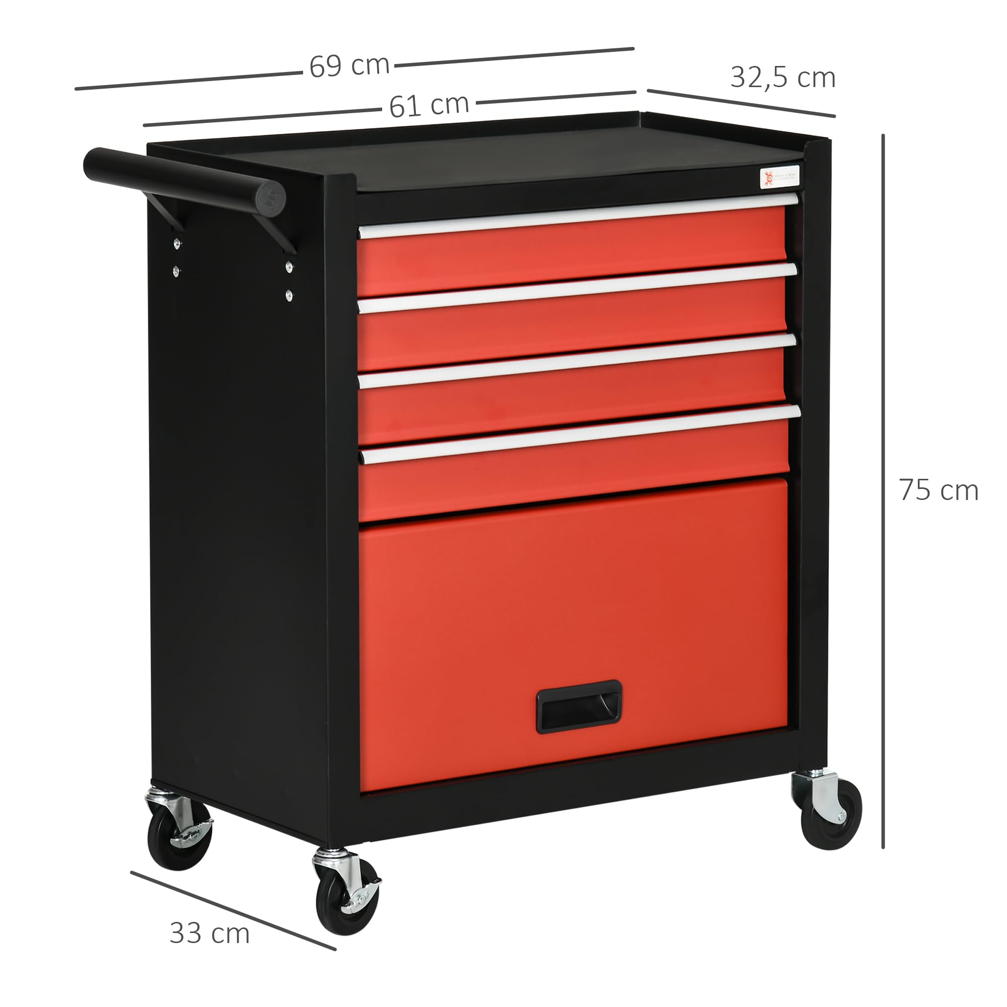 DURHAND Carro de Herramientas con Ruedas Taller Móvil con 1 Armario de Almacenamiento 1 Asa Lateral y 4 Cajones Carga 130 kg para Talleres Hogar 69x33x75 cm Negro y Rojo