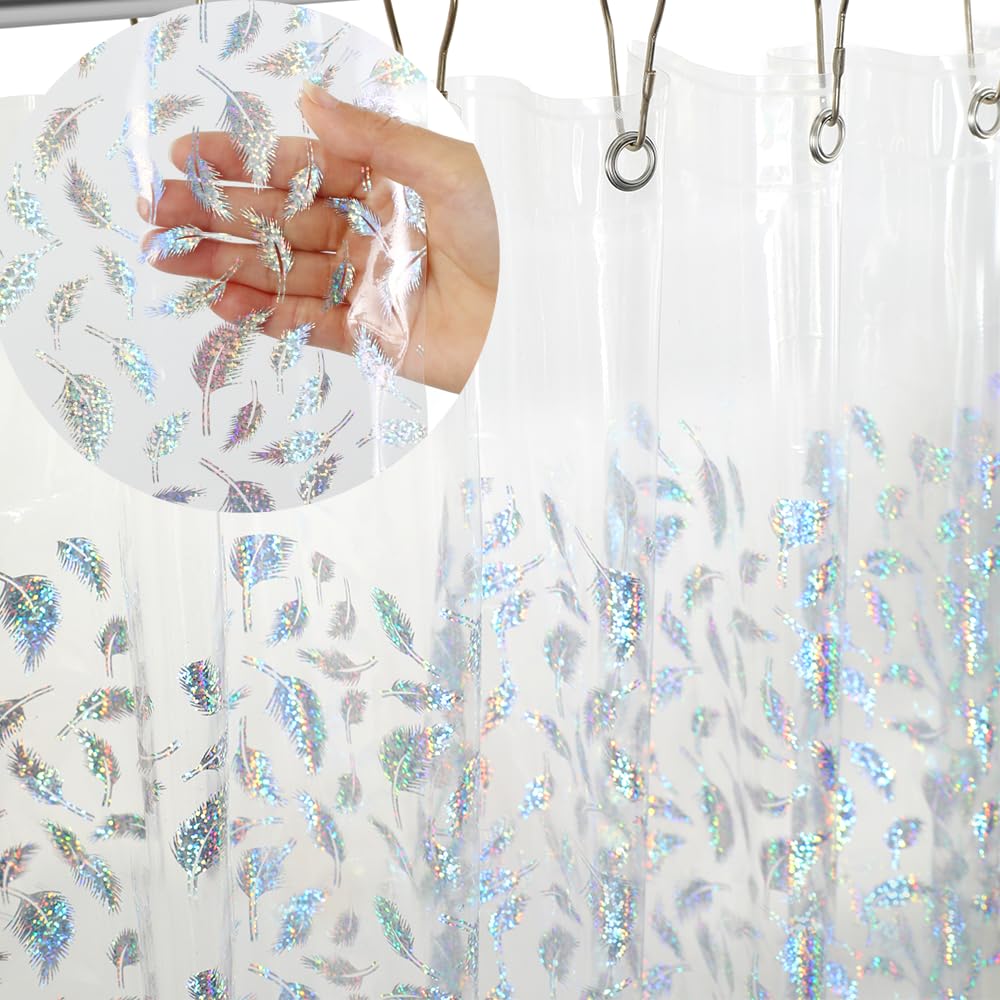 Holographic 3D EVA Shower Curtain Liner Glitter Feather, 72x72 Premium Clear Plastic Bathroom Shower Curtain with Rustproof Metal Grommets for Shower Stall, Bathtubs