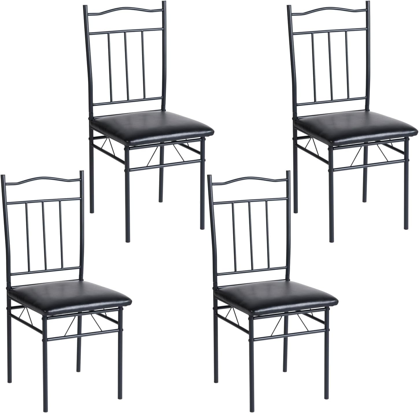 Four individual dining chairs with black PU seats and metal frames