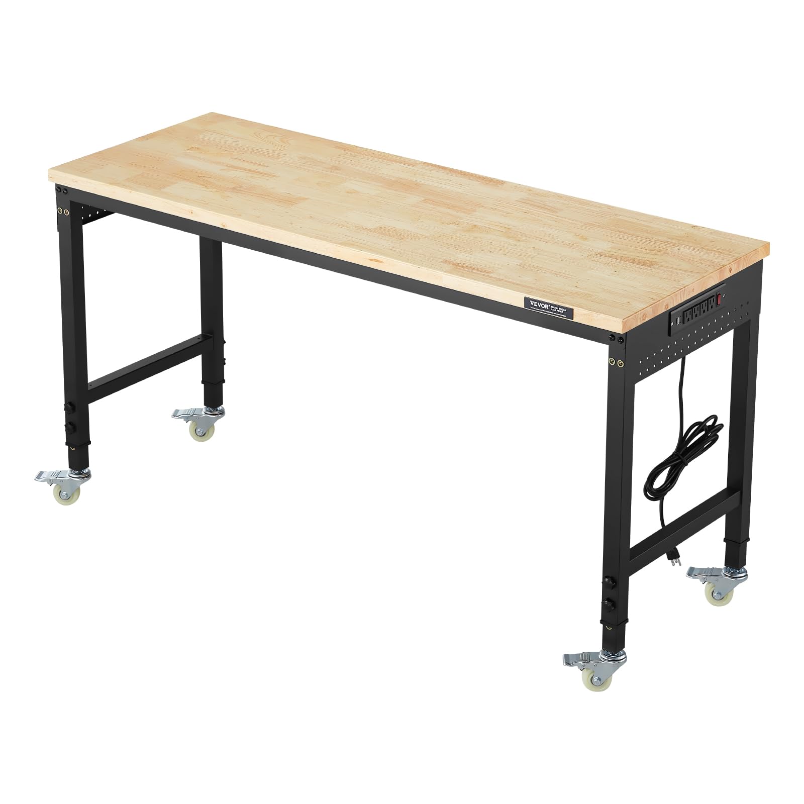 VEVOR Banco da Lavoro Regolabile 1524 mm, Carico 907 kg, Presa di Corrente, Tavolo per Lavoro Porta Attrezzi, Piano in Legno di Quercia per Garage, Officina, Ufficio e Casa