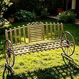 Boweniog Outdoor Bench Patio Outdoor Garden Bench with Built-in Table, Wagon Wheel Arms, 3 People Outdoor Bench Garden Bench Front Porch Furniture Patio Lawn Yard Park (Bronze)