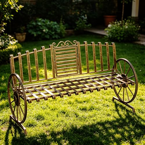 Boweniog Outdoor Bench Patio Outdoor Garden Bench with Built-in Table, Wagon Wheel Arms, 3 People Outdoor Bench Garden Bench Front Porch Furniture Patio Lawn Yard Park (Bronze)