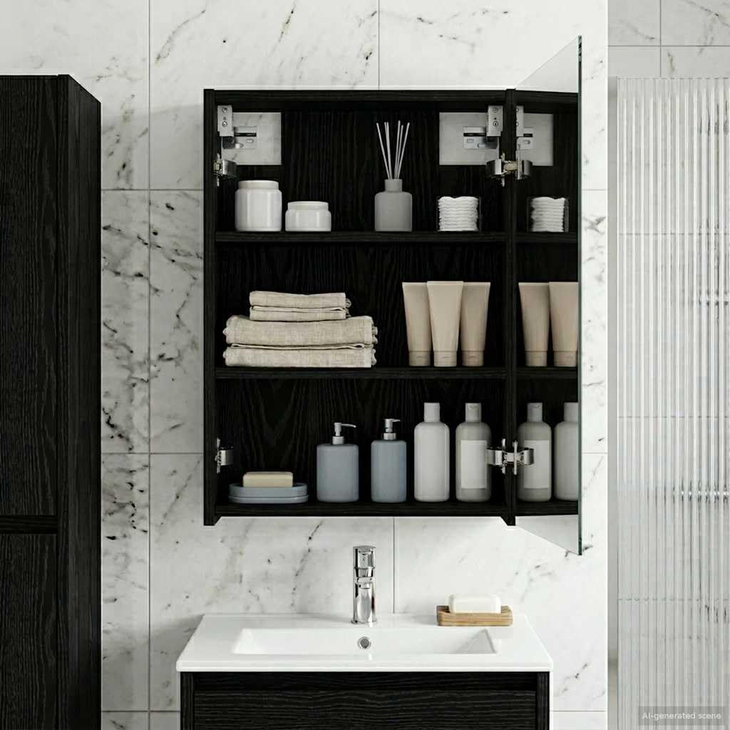 Armadietto da bagno a specchio nero effetto rovere, 43 x 16 x 62,5 cm, in legno con specchio bidirezionale e ripiani regolabili, montaggio a parete per mobili da bagno, portaoggetti