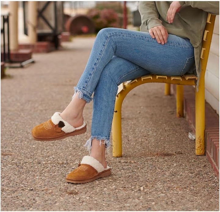 Image of ARIAT Women's Jackie Square Toe Warm Soft Genuine Suede Leather Indoor Outdoor Slippers with Plush Collar