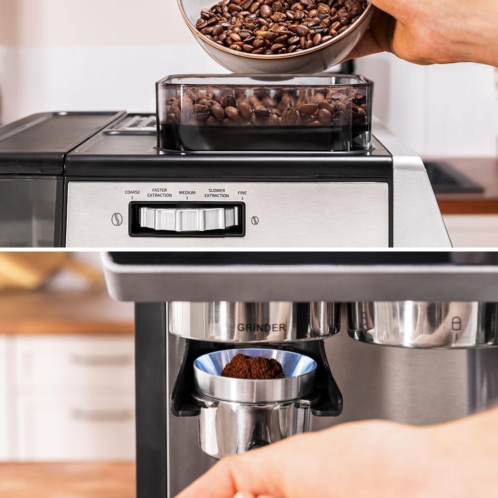 Кофе дандарын бункерге кол менен куюу жана портафилтрдеги майдаланган кофенин жакындан тартылган көрүнүшү.