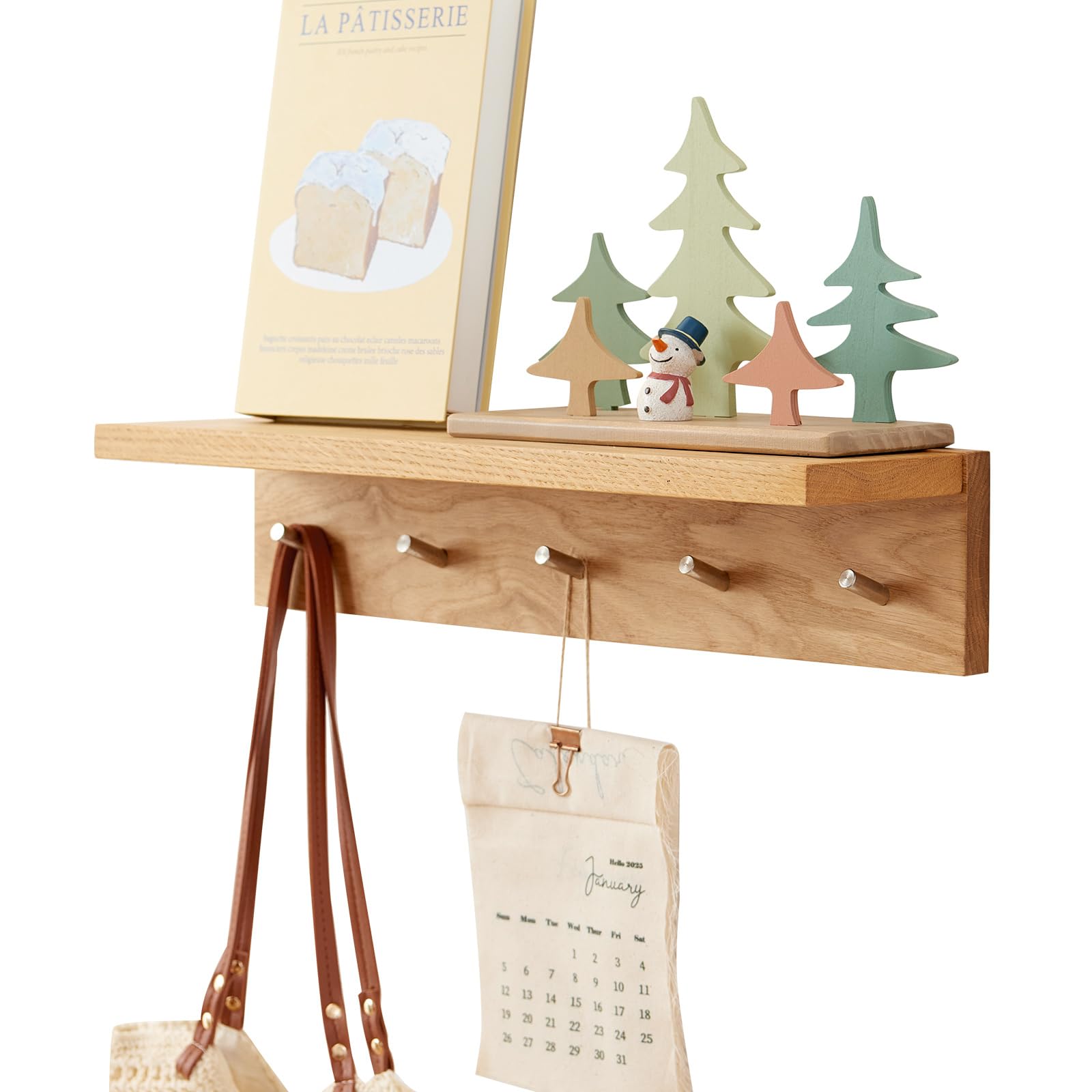 Wall Hooks with Shelf Oak Wood Coat Rack Shelf Wall Mounted, Entryway Shelves with 5 Metal Hangers for Clothes Hats Towel for Bathroom, Bedroom, Living Room (Natural, 20 inches)