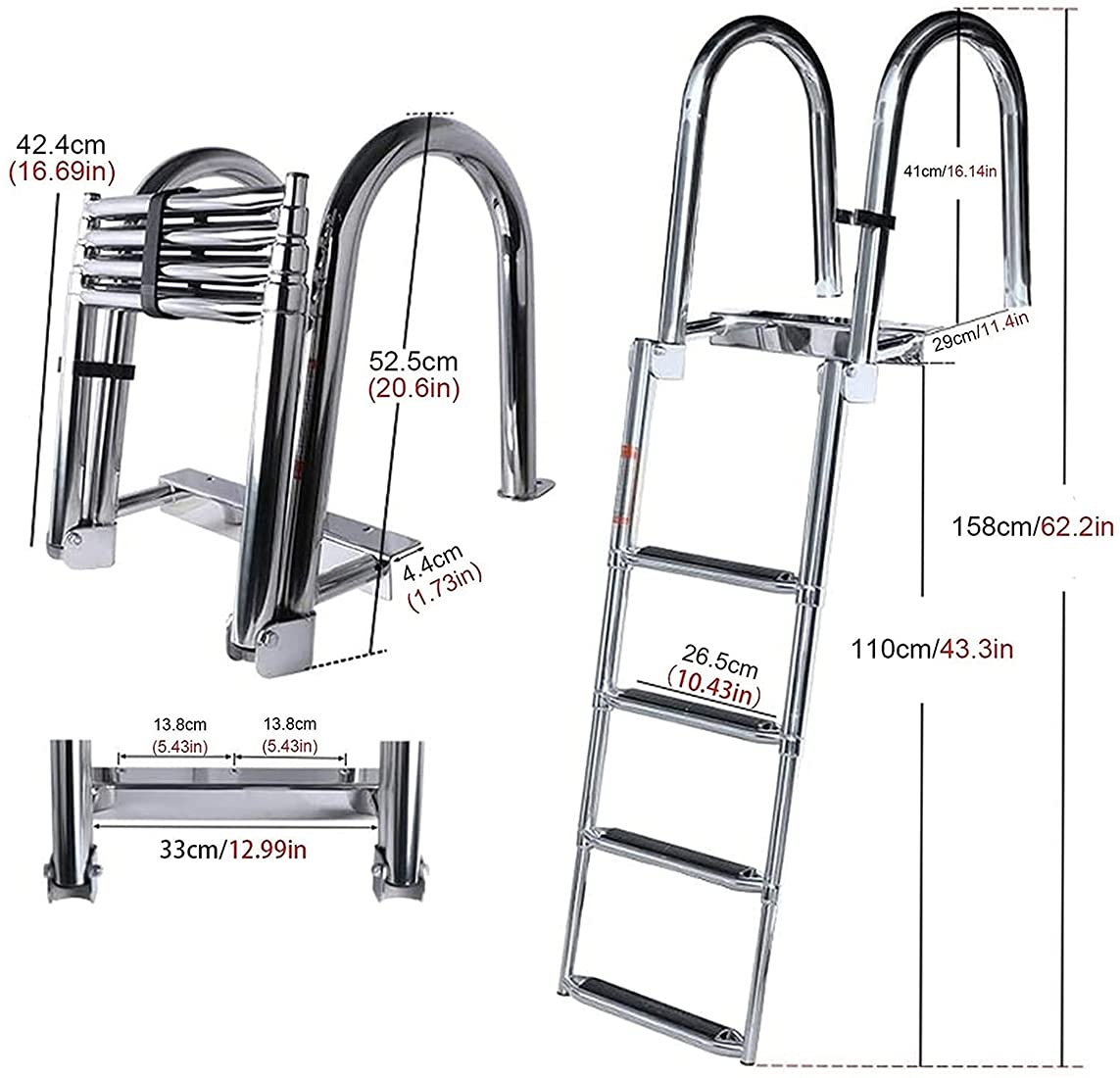 Scaletta da Bagno Telescopica, Barca in Acciaio Inossidabile Ponte per Yacht Pieghevole con Gradini Antiscivolo Corrimano E Ampia Scala Pedalò Yacht/Barca/Molo della Piscina