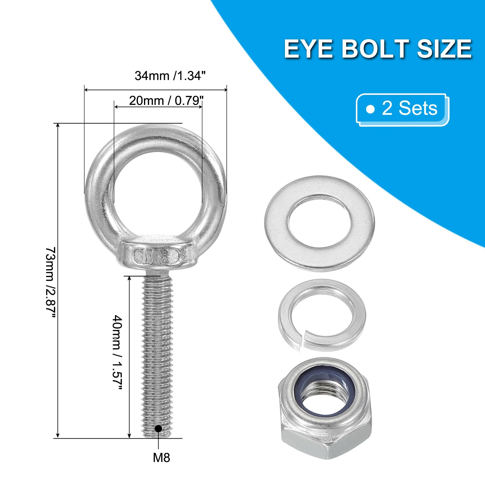 PATIKIL M8 x 40mm Eye Bolt with Nut, 2 Pack 304 Stainless Steel Lifting Shoulder Eyebolt Lift Thread Screws for Hanging Silver - Image 2