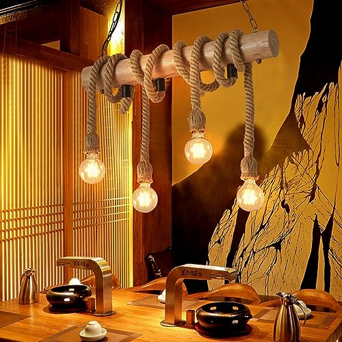 Suspension lumière E27 en corde de chanvre et fer forgé premium