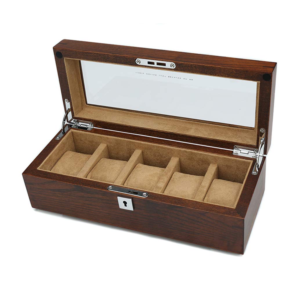Scatola portaoggetti per orologi, in legno per 5 orologi, scatola da collezione di gioielli con serratura e coperchio in vetro, perfetta per uomini e donne, 30 x 12 x 10 cm