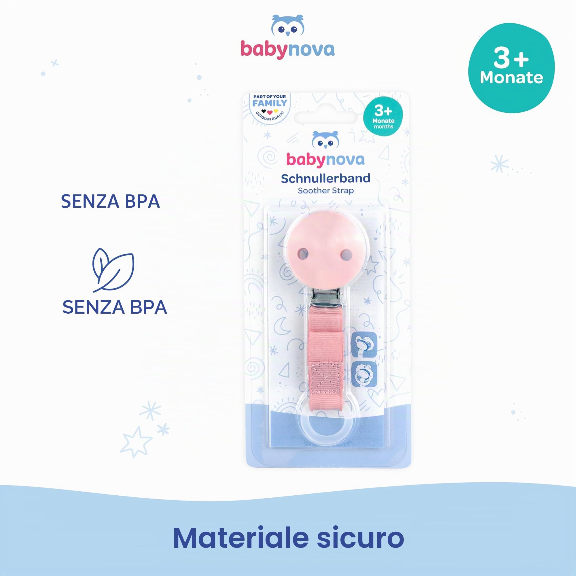 babynova Catenella portaciuccio con cinturino in tessuto, clip e anello in silicone – Portaciuccio per neonati – Adatto a qualsiasi ciuccio – Essenziale per neonati – Senza BPA – Blu