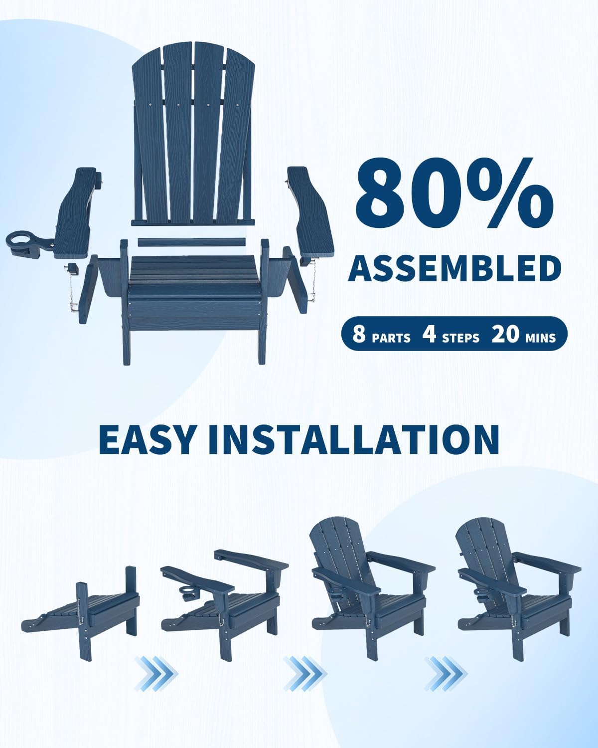 Garvee Folding Adirondack Chairs Patio Chairs, All-Weather HDPE Lawn Chairs, Outdoor Chair with Wooden Texture ＆ Cup Holder for Patios Decks Gardens fire pits, Navy Blue