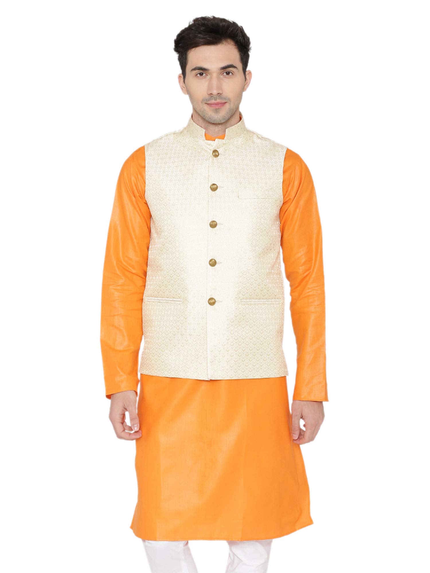 wintage Men's Banarasi Rayon Cotton Casual and Festive Nehru Jacket Vest Waistcoat : Cream-picture-22