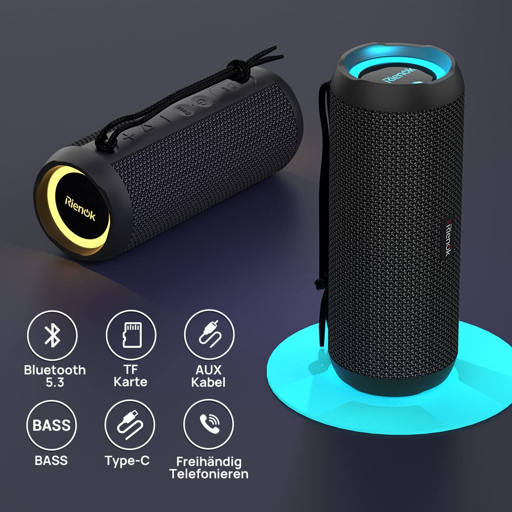 RIENOK Bluetooth Lautsprecher 30W mit Licht Bluetooth 5.3 Musikbox Bass Kabellos Box mit IPX7 wasserdicht Stereo Sound Tragbar