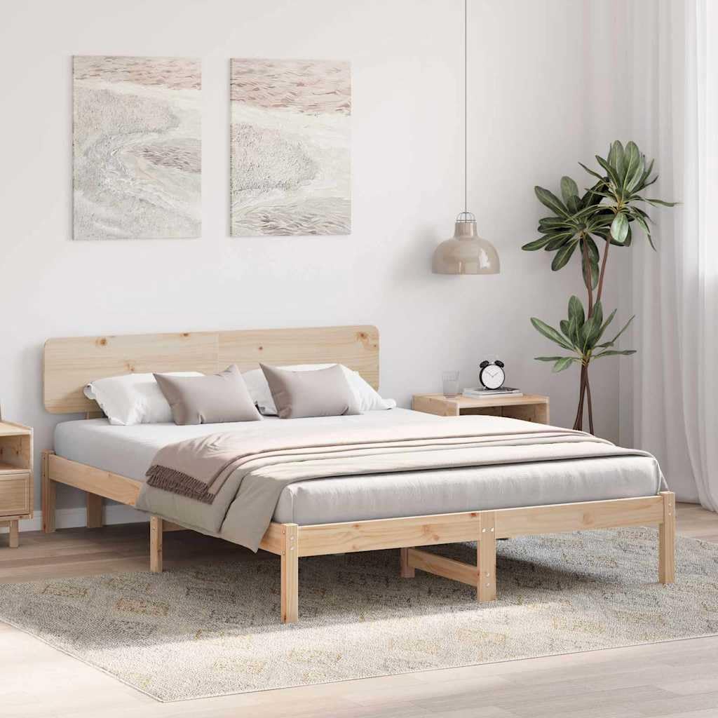Cadre de lit avec tête de lit naturel 160 x 200 cm en pin massif, lit en bois durable avec cadre stable, sommier à lattes inclus pour un sommeil confortable