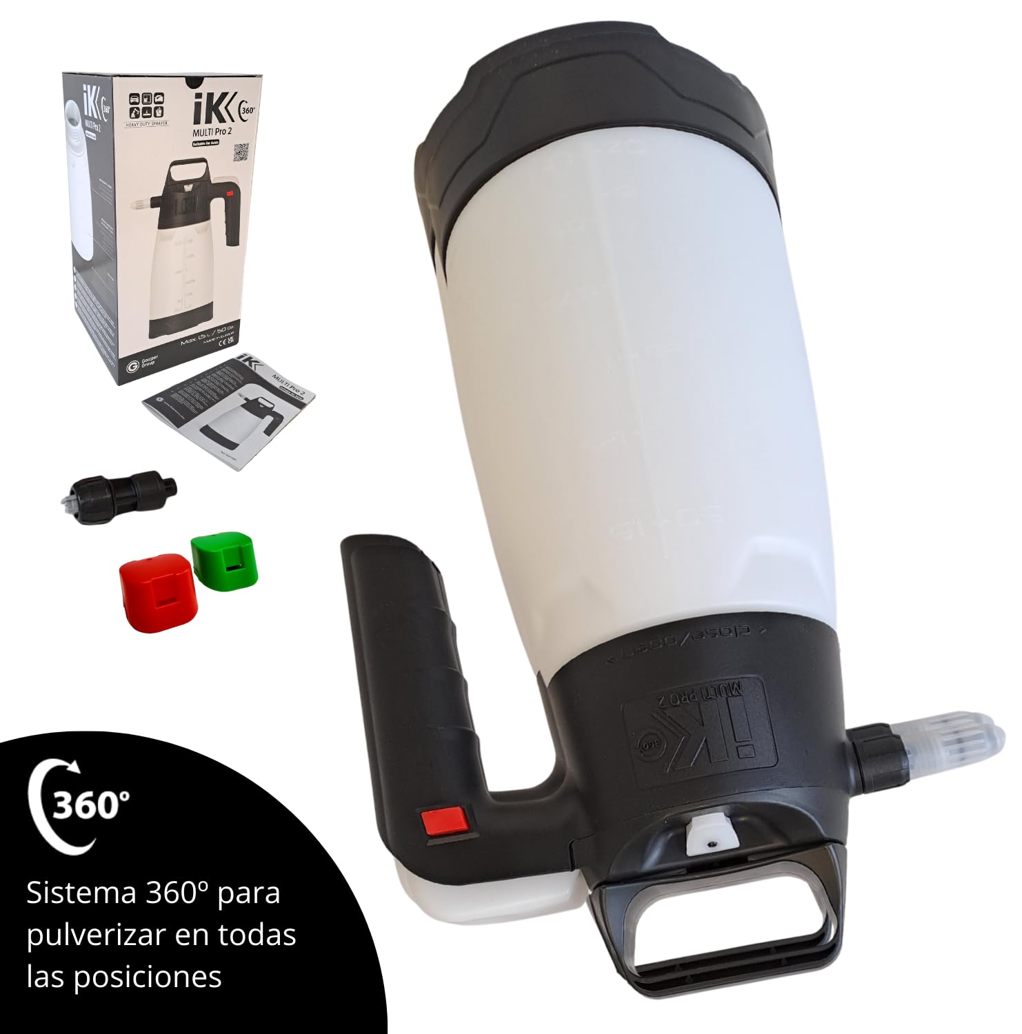 IK Multi Pro 2 360º - Pulverizador a Presión Resistente a Ácidos - Sistema 360º - Depósito Translúcido con Indicador de Nivel - Amplia Boca de Llenado - Válvula de Seguridad Despresurizable