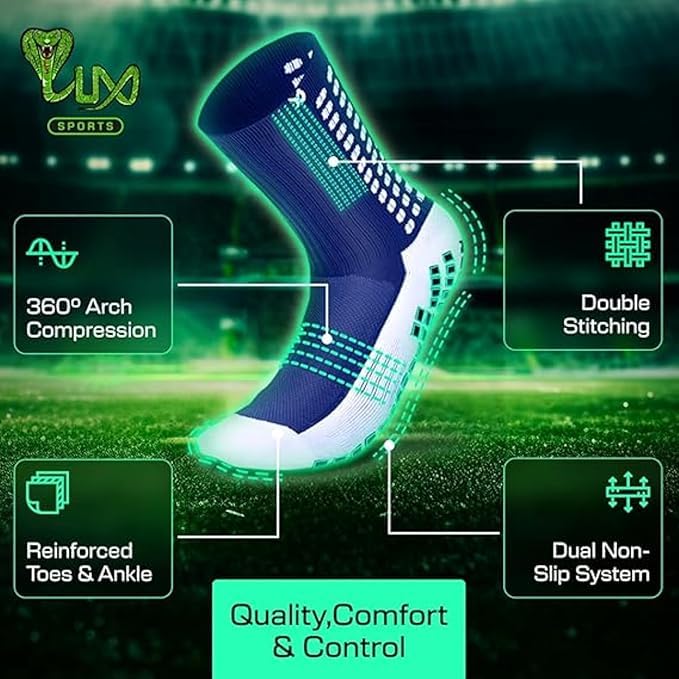 Image of Hi-Tech Performance Athletic Grip Socks for Men & Women Crew Length, Anti-Slip Rubber Grip socks for footballer, Thick Cushion Sports Socks for Running, Gym, Training