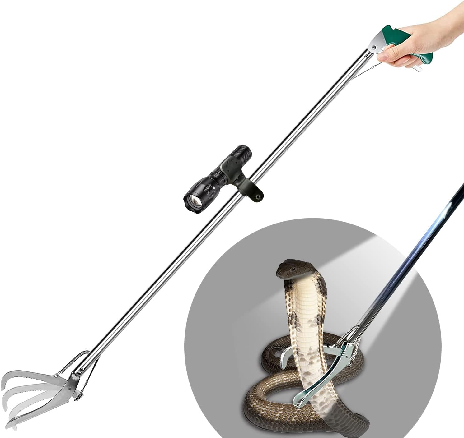 IC ICLOVER 47" Professional Snake Tongs, with Flashlight for Night Use, Heavy Duty Reptile Grabber Tool Rattle Snake Catcher, Professional Wide Jaw Snake Handling Tool with Lock, Non-Slip Grip Handle