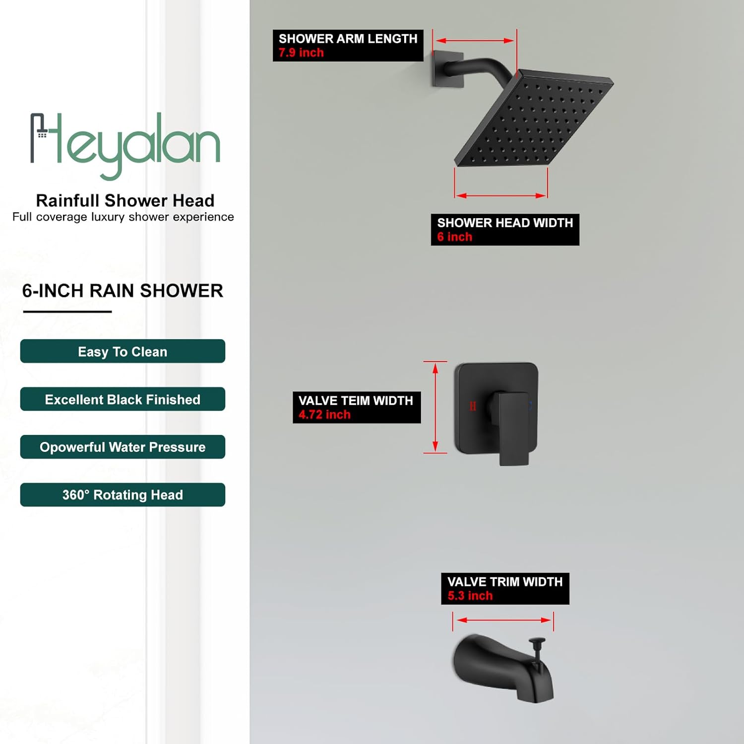 Heyalan Bathtub Shower Faucet Set, 6 Inch Square Trim Kit with Single Handle, Showerhead & Handle Set, Male Thread, with Tub Spout,Matte Black