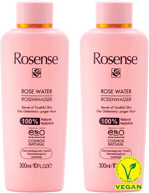 Rosense Woda różana 2 x 300 ml  nawilżający tonik do twarzy do oczyszczania twarzy, pielęgnacja twarzy, 100% naturalny, wegański