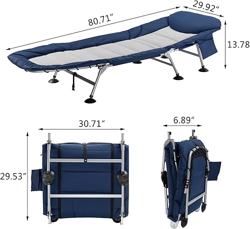 Miniatura 2 de AbocoFur Cuna de camping plegable portátil para adultos de 500 libras cama de dormir ajustable con marco de acero fuerte y tela Oxford 600D