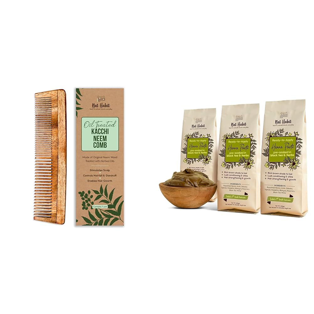 Nat Habit Kacchi Neem Wooden Comb - Soaked In 17 Herbs For All Hair Types (Dual Tooth) and Nat Habit - Fresh Ready To Apply Henna Paste (Pack of 3 x 220g)-image-49
