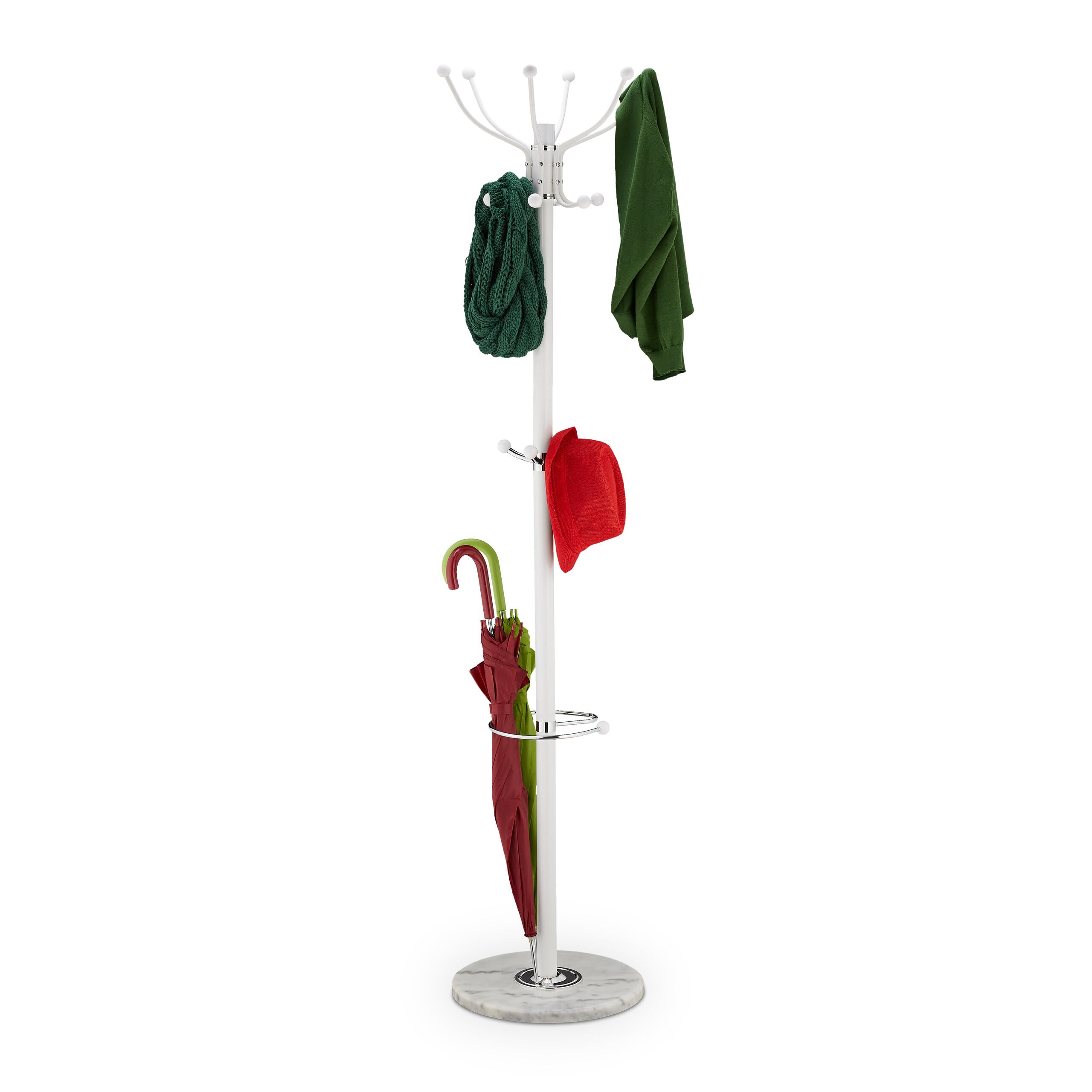 Relaxdays Coat Rack, with Marble Base, 16 Hooks & Umbrella Storage, Stable Hallway Storage, HxØ: 176.5 x 36.5 cm, White