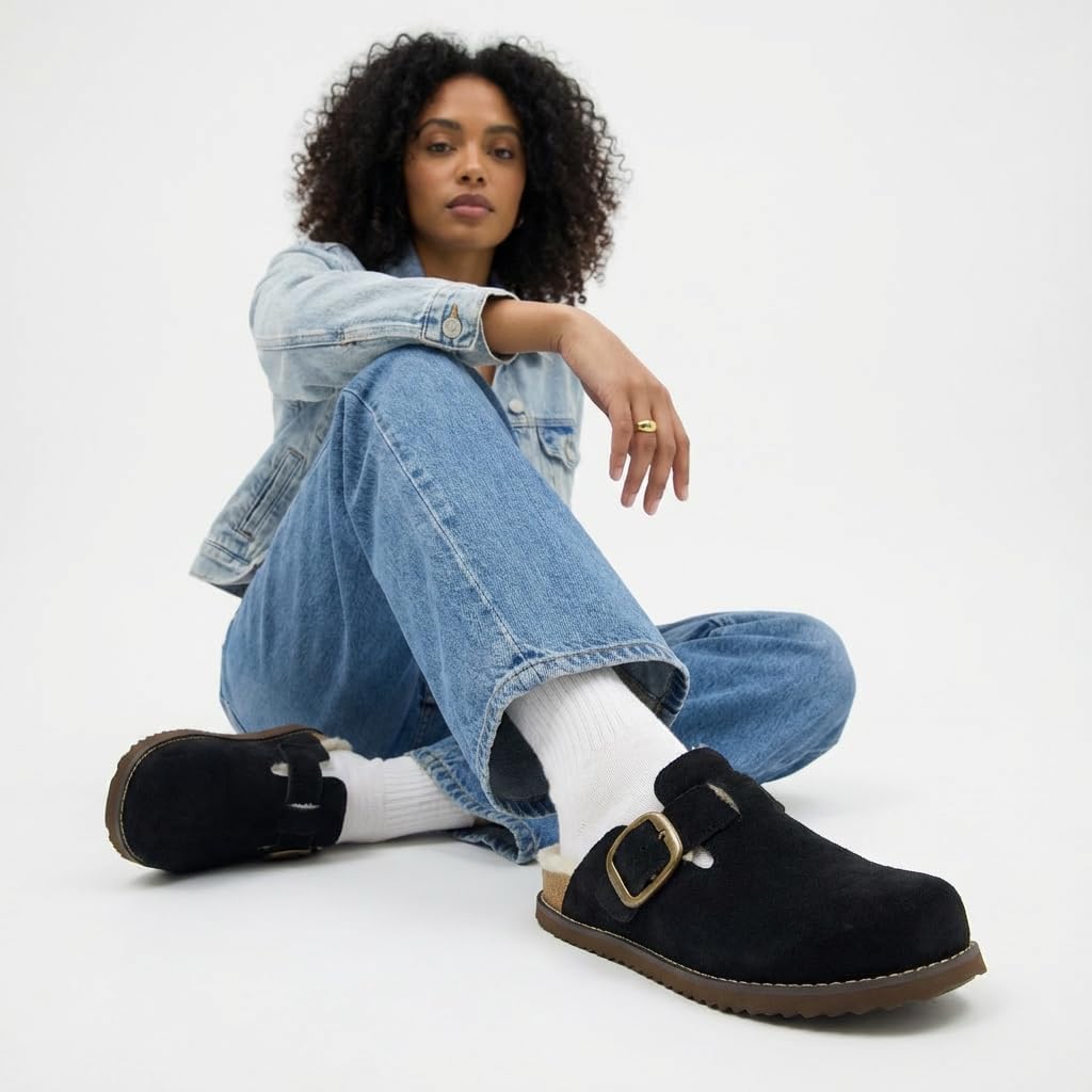 CUSHIONAIRE Blain Fur Genuine Suede Clogs for Women, Cozy Slip-On Womens Slippers with Detailed Stitching and Memory Foam Comfort - Image 8