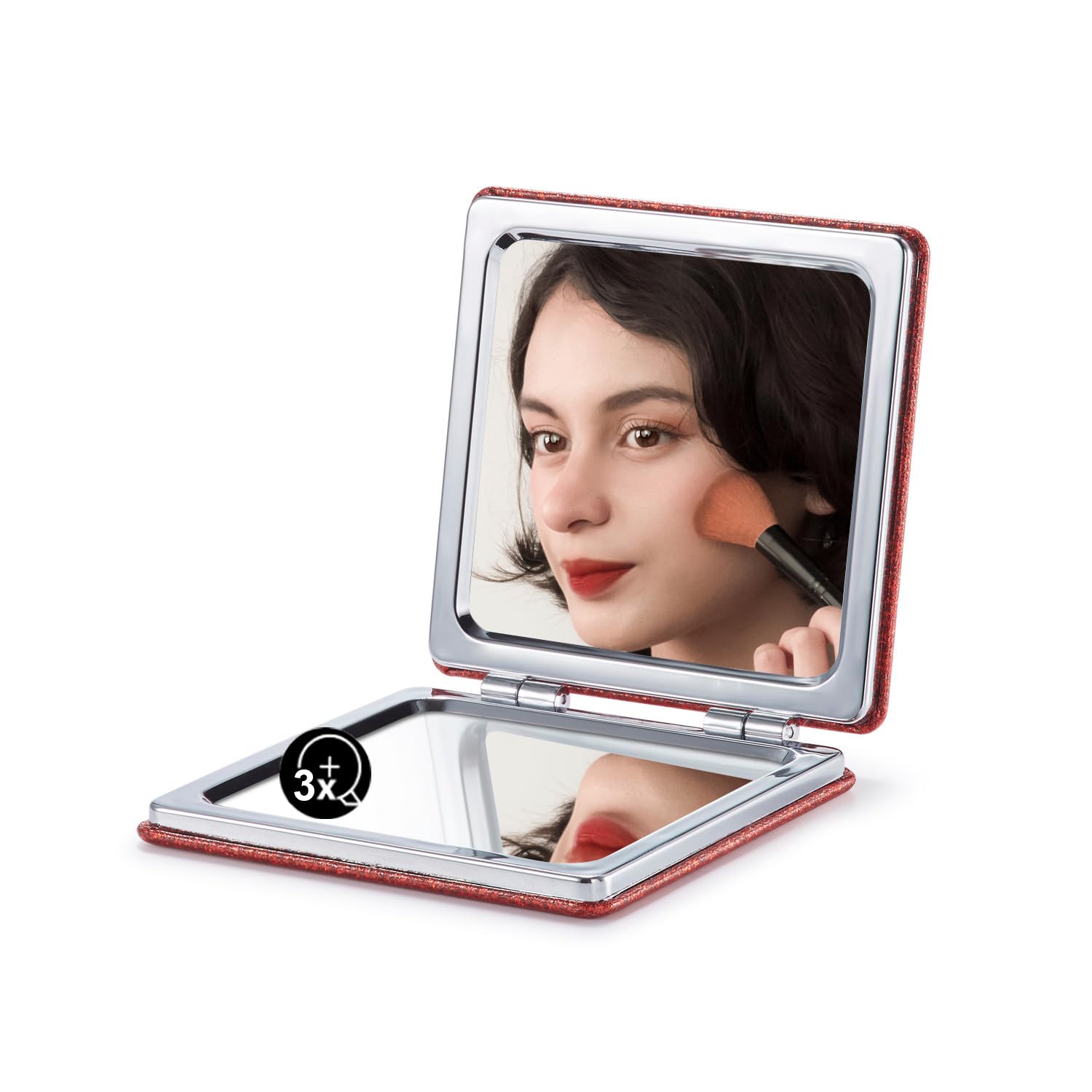 OMIRO Compact Mirror with 1x/3x Magnification, Square with PU Leather, Small Mirror for Purses Daily Makeup (Glitter Red)