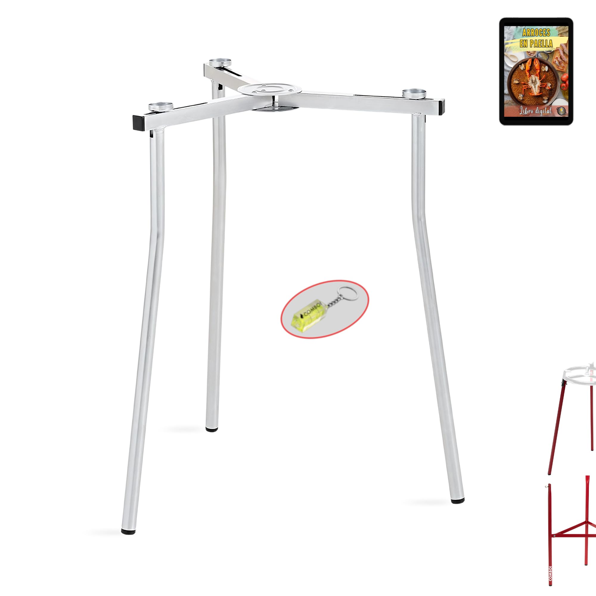 COMBOI - Juego de 3 patas para quemador - paellero de gas, incluye libro de recetas digital, nivel e instrucciones de montaje, fabricado en España. (Trípode Regulable)