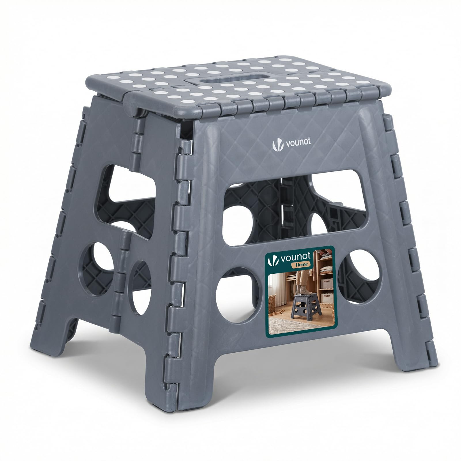 VOUNOT® Folding Step Stool, Portable Stepping Stool with Carrying Handle, Anti-Slip Folding Stool for Bathroom, Garden, Camping, Home, 37 x 30 x 32.5 cm, Grey