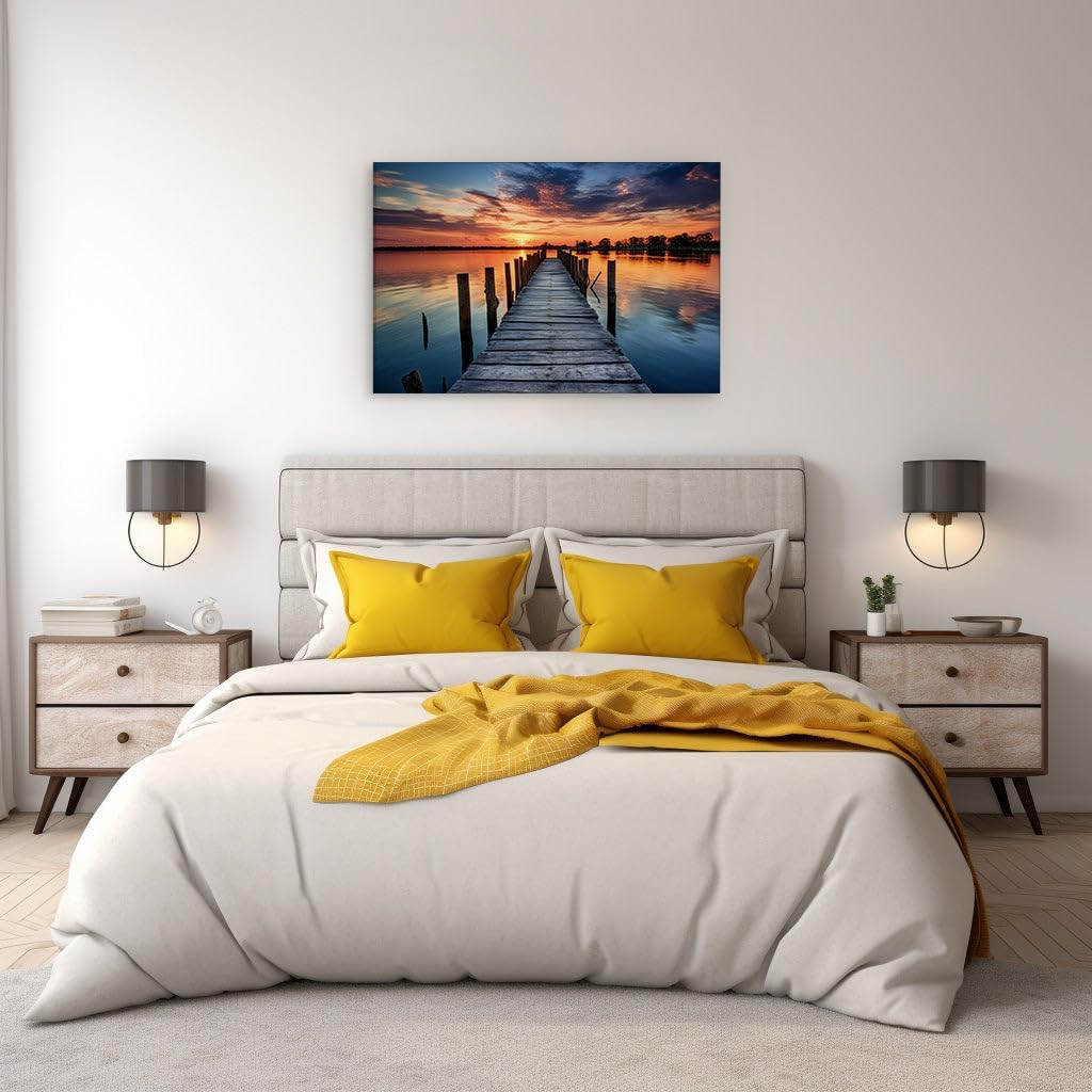Canvas for Living room. Sunset Serenity on the Old Wooden Pier: A Reflection of Warmth and Possibility, 27 x 18 inch Canvas Wall Art - Contemporary Masterpieces - Modern Home Decor
