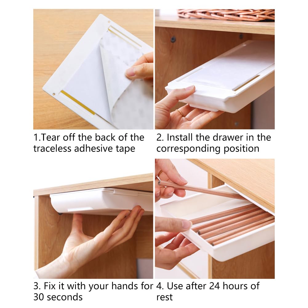 Cajón Debajo Del Escritorio,Organizador de Cajones Autoadhesivo,Almacenamiento Extensible Cajones Escritorio,Organizador de Cajones Caja de Almacenamiento Mini,Cajón Oculto,Blanco,25.5×20×4.2cm (4)