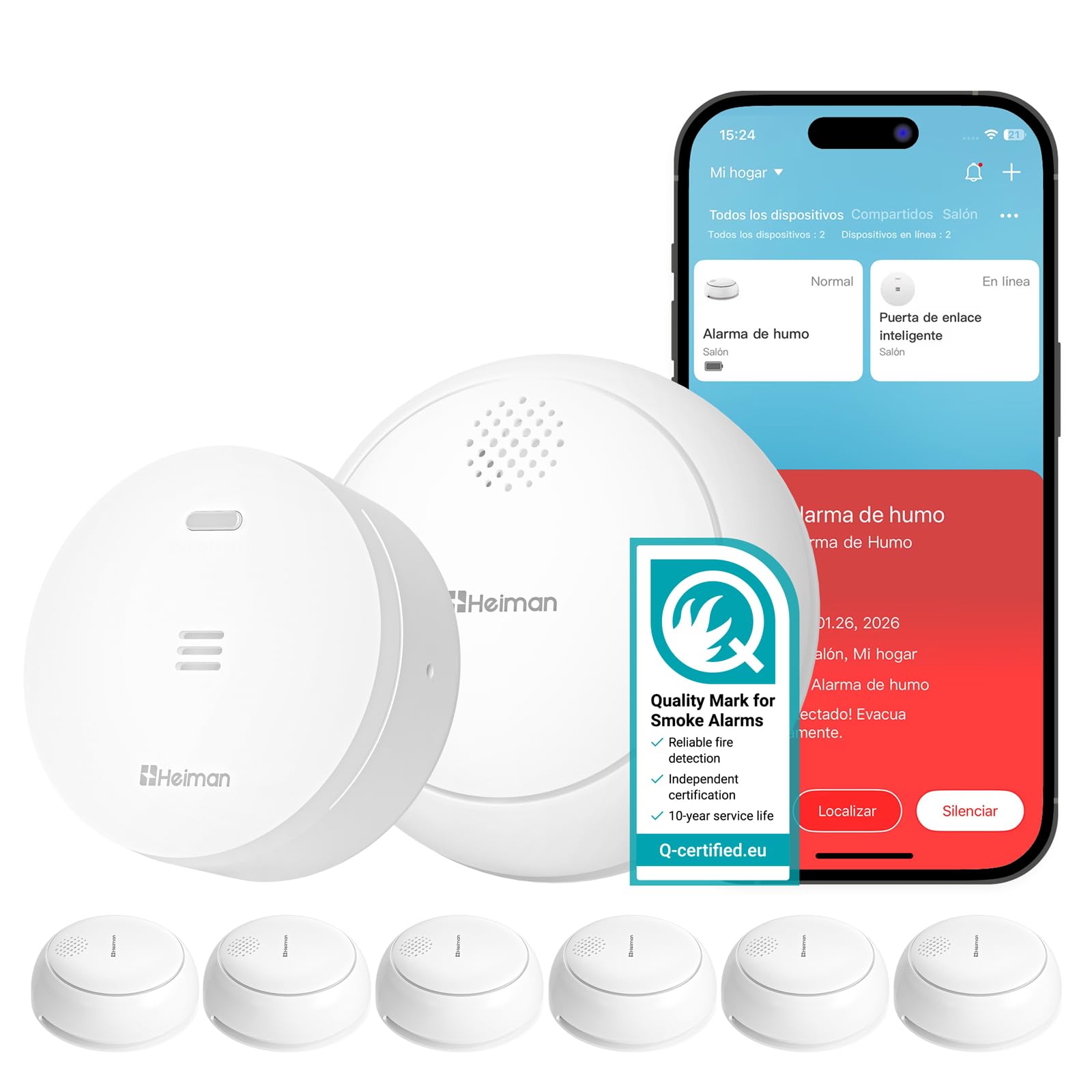Heiman Smart - Juego de 6 detectores de humo con puerta de enlace y control de aplicación, batería de 10 años, etiqueta Q y EN 14604, detector de humo inalámbrico con soporte magnético, Smart Home