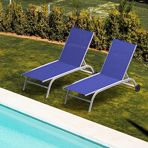Domi Pool Lounge Chairs Set of 2, Adjustable Aluminum Outdoor Chaise Lounge with Wheels Patio Lounge Chairs, All Weather for Deck Lawn Poolside Backyard-Navy Blue Textilene