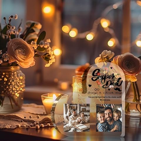 WOCOCN Personalized Acrylic Keepsake for Father's Day，Customized Fathers Day Plaque Printed Photos,Personalized Gifts for Dad,Father's Day Gifts for kids. (Heart three) Cover