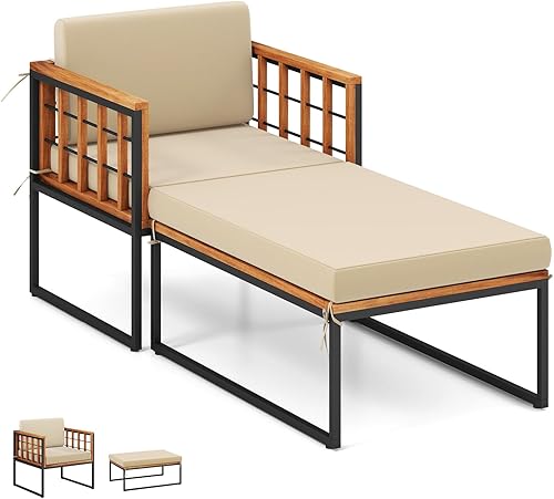 Tangkula Tumbona para exteriores, madera de acacia, resistente, capacidad de peso de 1200 libras, juego de silla de patio y otomana para patio