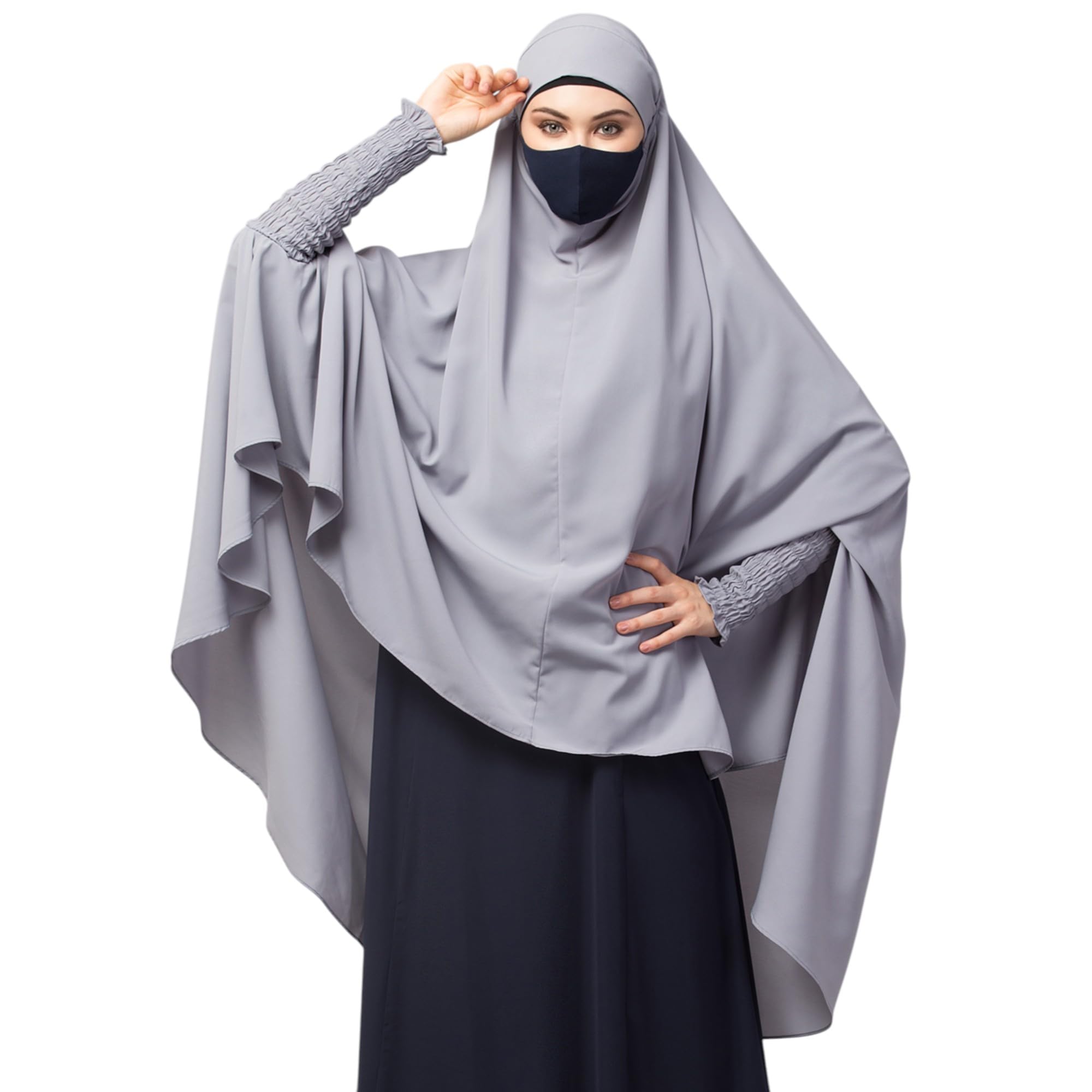 Mushkiya Long and Free Size Khimar With Smocking Sleeves and Adjustable Mouth Piece for Women and Girls In Firdaus Fabric