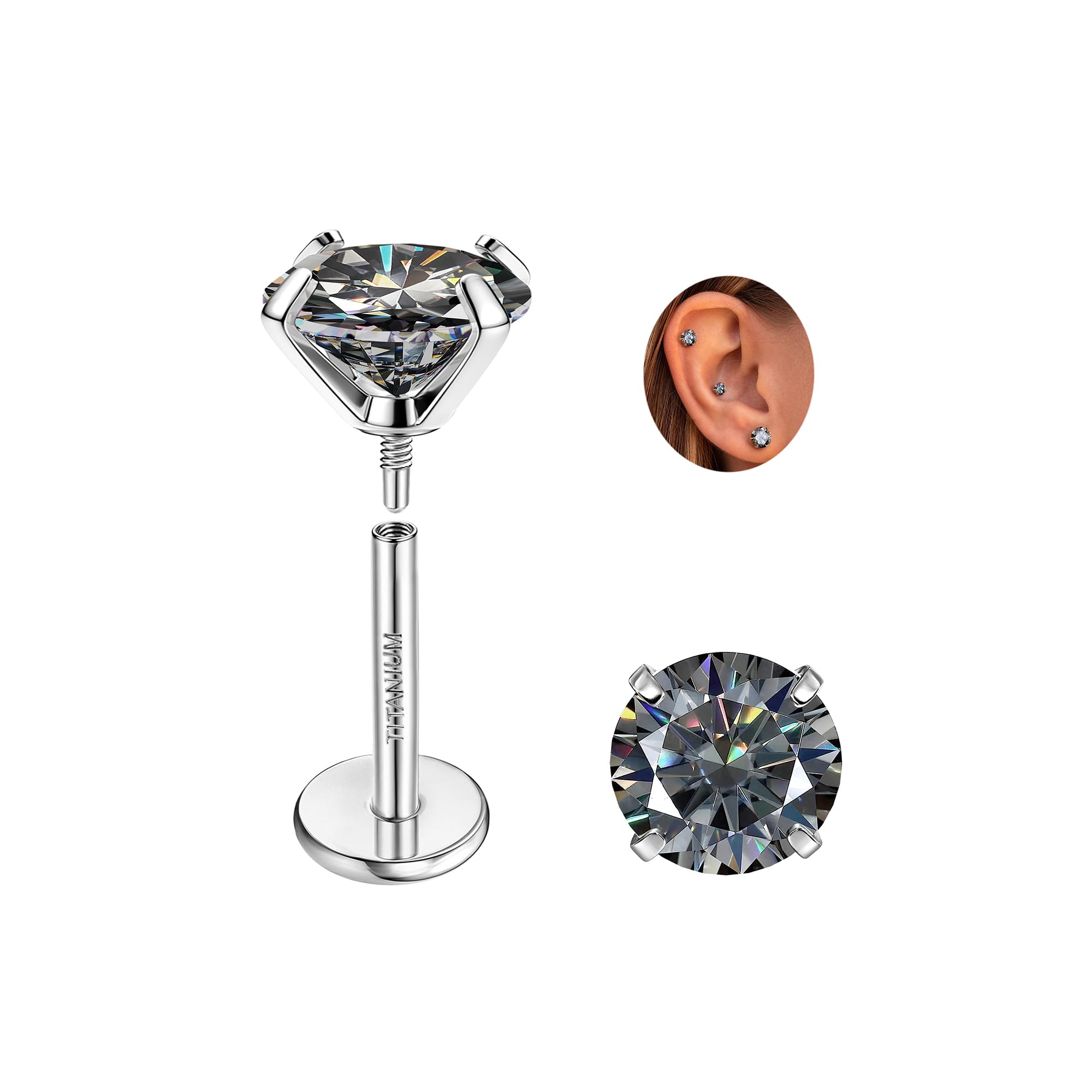 GEMQUEEN Moissanite Earrings G23 Titanium Extended Internal Thread Flat Back Earrings Hypoallergenic Tragus Cartilage Helix Conch Piercing Jewelry for