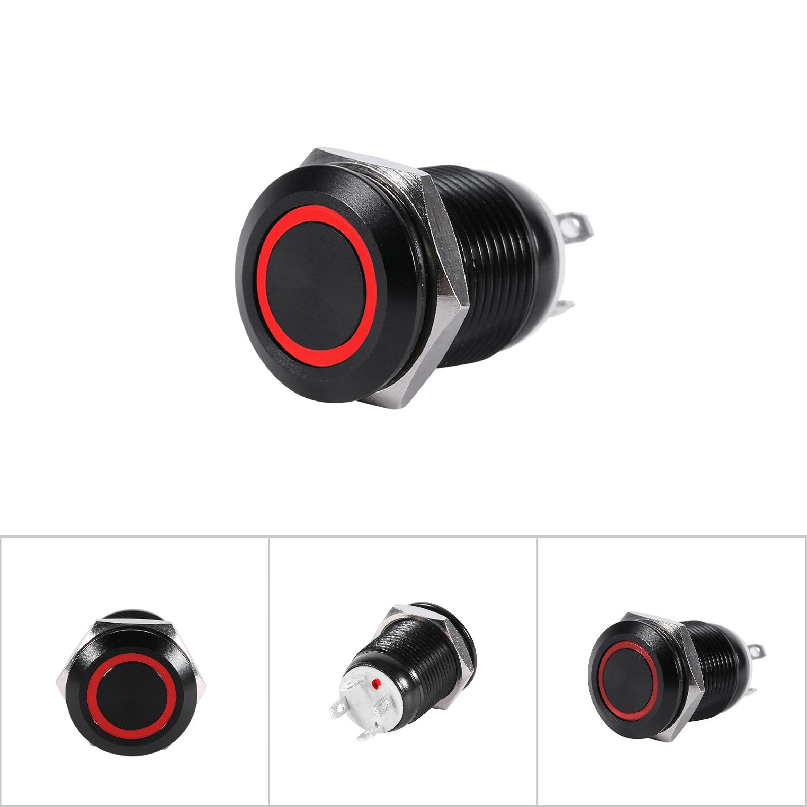 Headerbs Interruttore A Pulsante LED 12mm - Momentaneo Con Anello Luminoso Rosso - Impermeabile IP67 Per Auto, Moto, Impianti - 3
