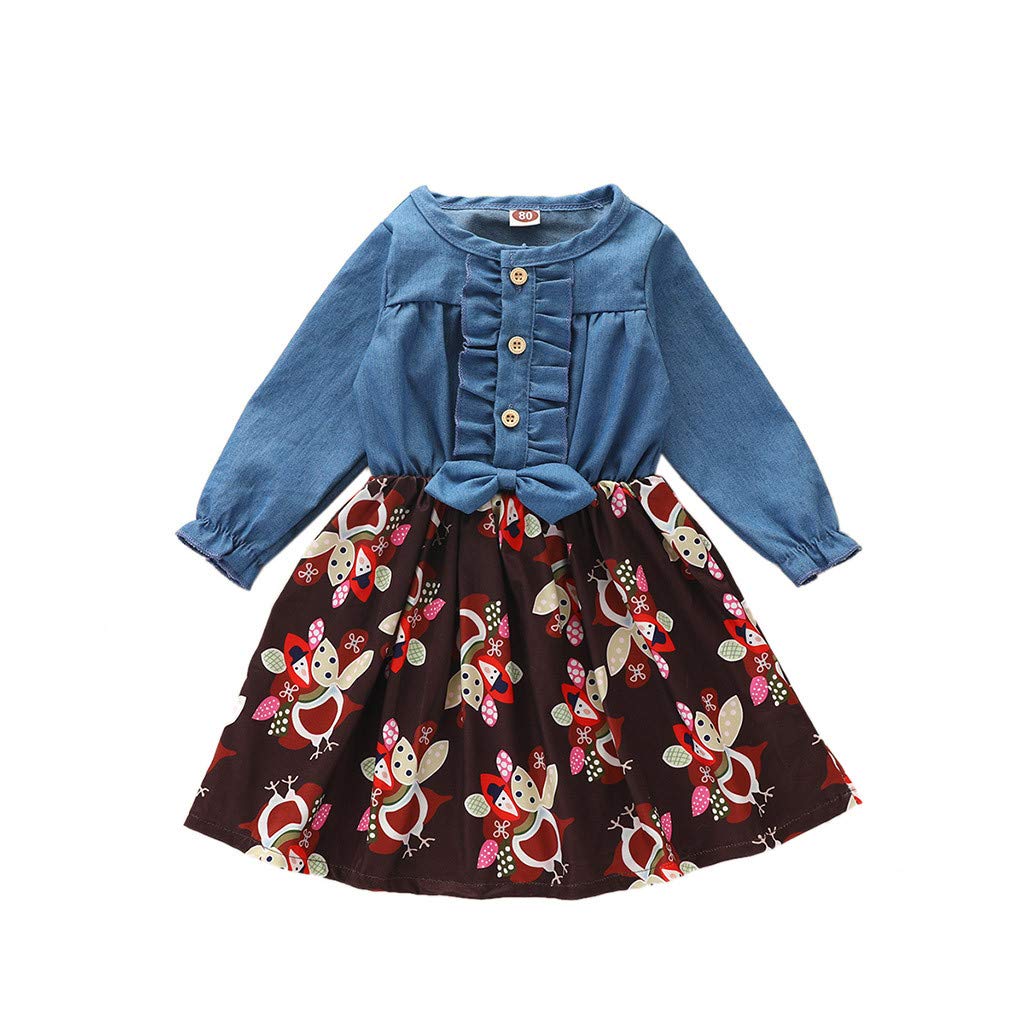 JKstoreGirls Halloween Dress Baby Toddler Denim Ruffle Bowite Long Sleeve Top Pumkin Print Skirt Playwear Clothing Set